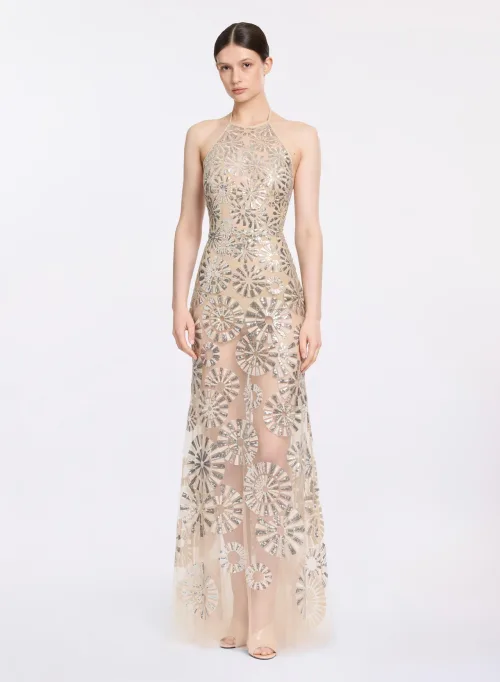 Vestido largo bordado con lentejuelas