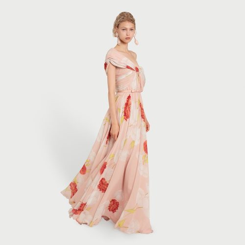 Vestido largo asimétrico de seda rosa Blossoms